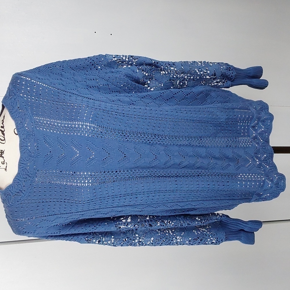 Boutique- Womens Pewter Blue Open Knit Crochet Sweater Cozy Relaxed   Sz.XL